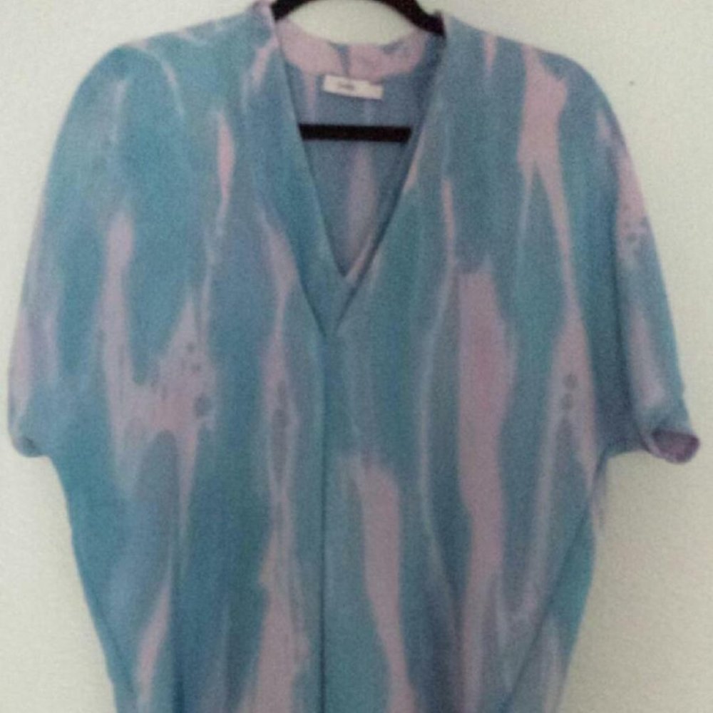 New painted Silk Vince shirt popover blouse dolman caftan top pink blue striped - Picture 12 of 13